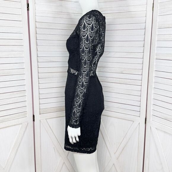 Bebe Lace Overlay Bandeau Pencil Dress Sheer Back Long Sleeve Black Medium - Picture 2 of 13